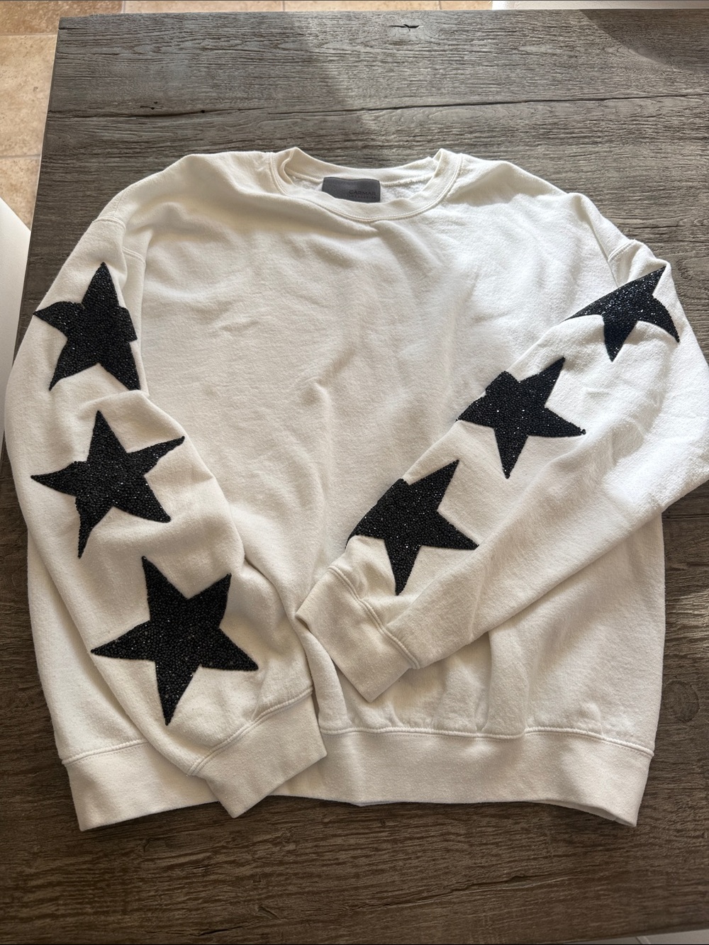 Carmar White Crewneck Sweater with Black Star Sleeve Accents